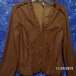 faux leather jacket with ruffle trim, size medium